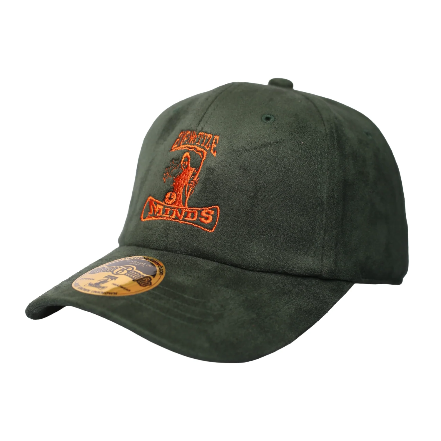Dad Hat "Hypnotize Minds" Green Suede w/ Orange Embroidery - Image 2